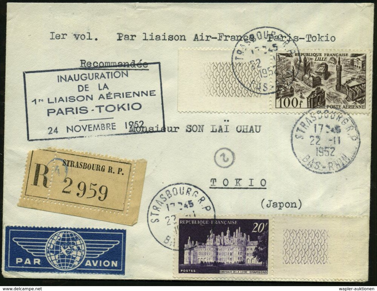 FRANKREICH 1952 (24.11.) Erstflug (Air France): Paris - Tokyo (rs. AS) + Flp.-Ra.5: INAUGURATION/ DE LA/ 1er LIAISON AER - Altri (Aria)