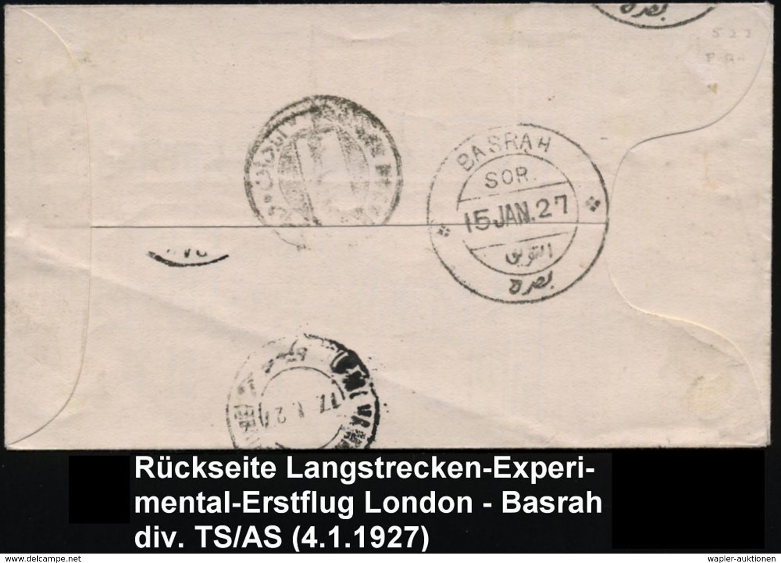 GROSSBRITANNIEN 1927 (4.1.) Erstflug-Bf.: "Experimental Flight" Baghdad - Basra (rs. AS) Britische Zuleitung, Rosa Flp.- - Altri (Aria)