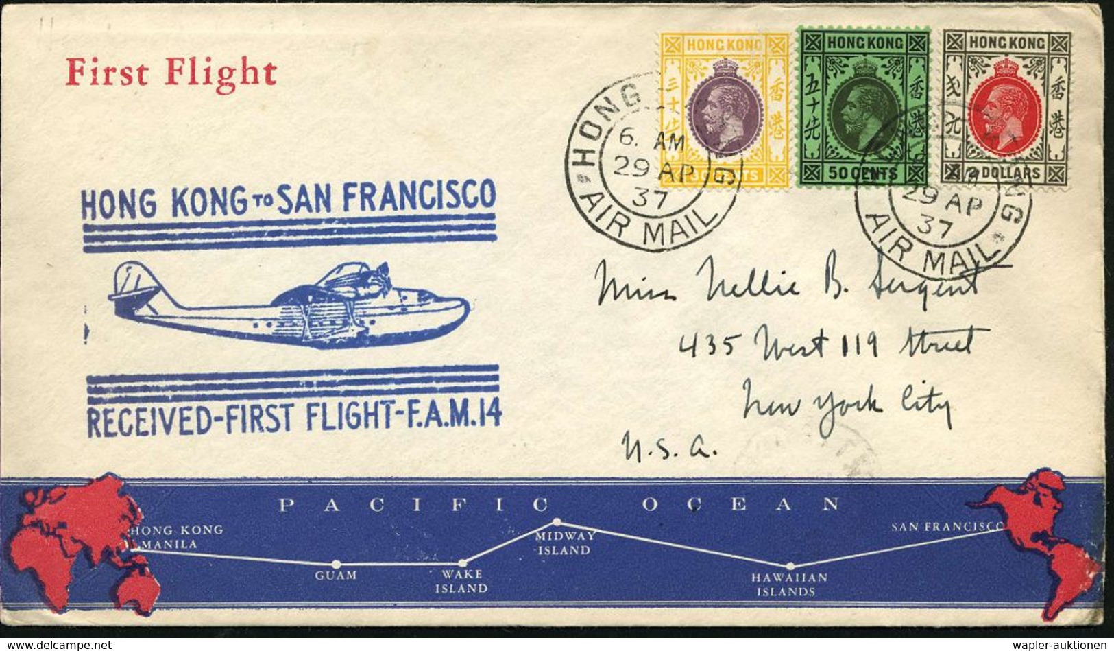 HONGKONG 1937 (29.4.) Erstflug (P.A.A.): Hongkong - San Francisco (rs. AS) Frankatur 2.80 $ (Mi.121/22, 124) 2x 2K: HONG - Sonstige (Luft)