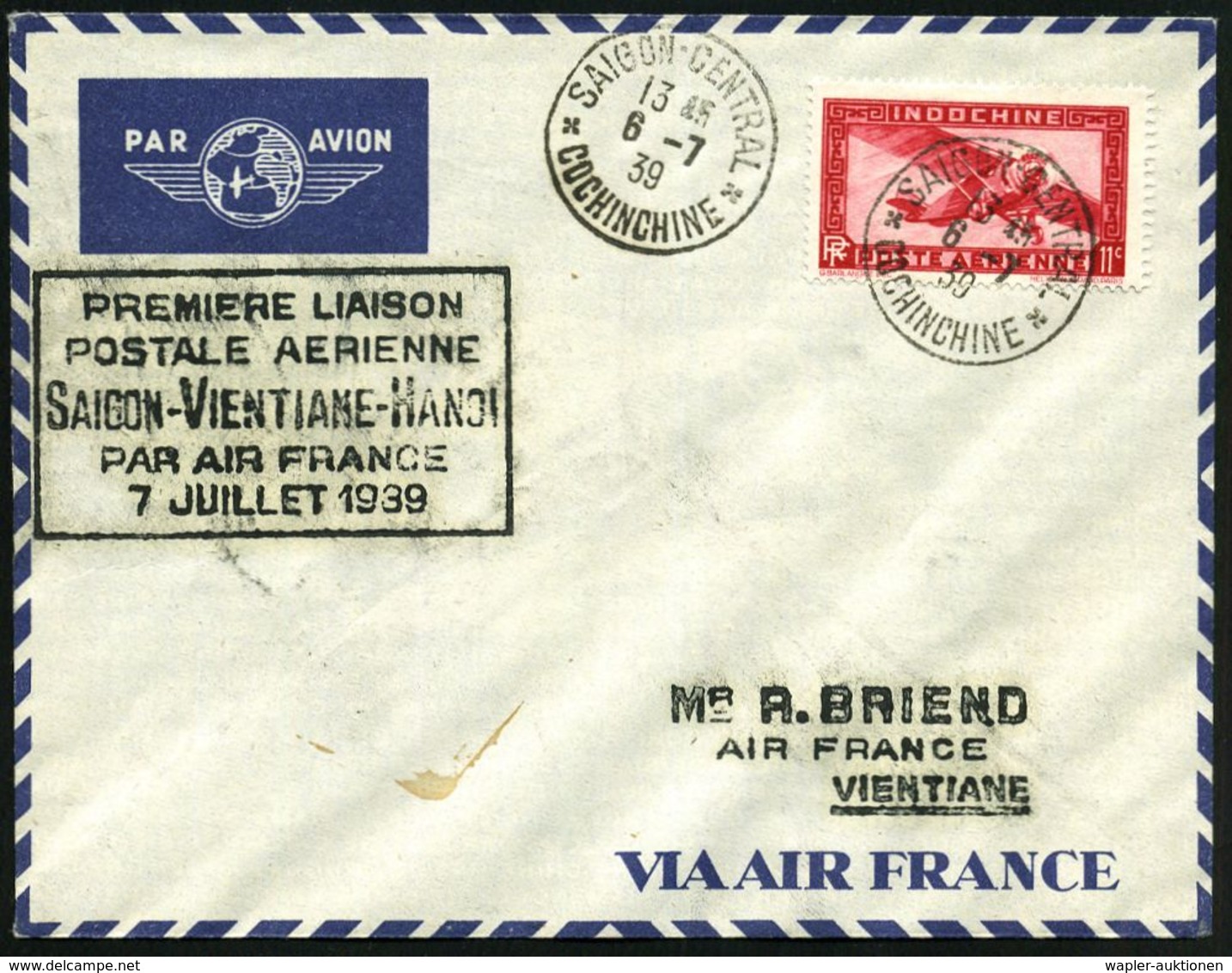 INDOCHINA (FRANZÖS.) 1939 (6.7.) Erstflug (Air France): SAIGON - VIENTIANE - HANOI, Etappe Vientiane (AS) EF 11 C. Flp.  - Altri (Aria)