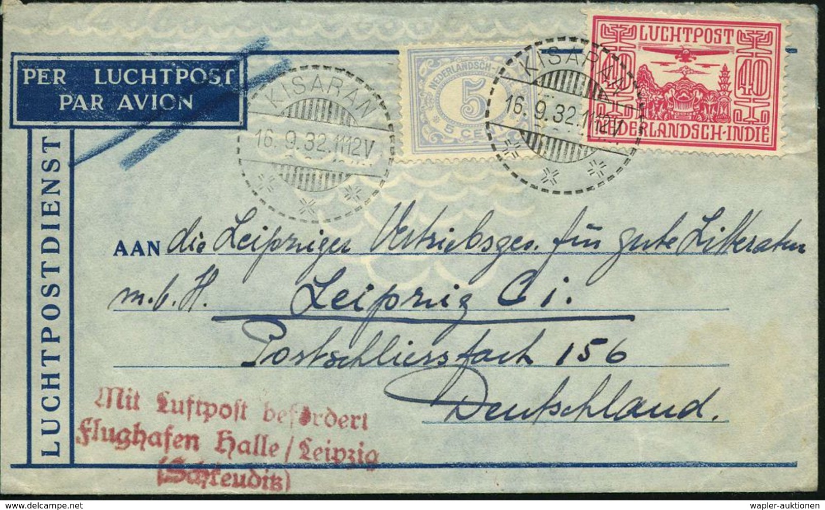 NIEDERL.INDIEN 1932 (16.9.) 40 C. Flp. U.a., 1K-Gitter: KISARAN, Übersee-Flp.-Bf., Roter AS-3L: MLb/ Flughafen Halle - L - Altri (Aria)