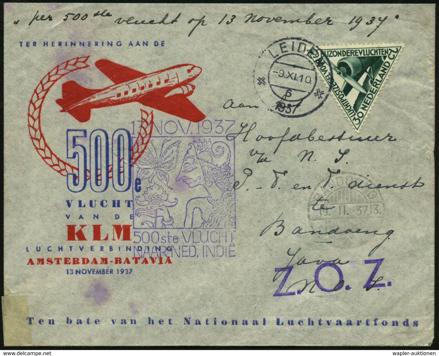 NIEDERLANDE 1937 (13.11.) Sonderflug (KLM): "500. Flug Amsterdam - Batavia" Hin- U. Rückflug (je AS) Viol. Flp.-HdN: Sch - Andere (Lucht)