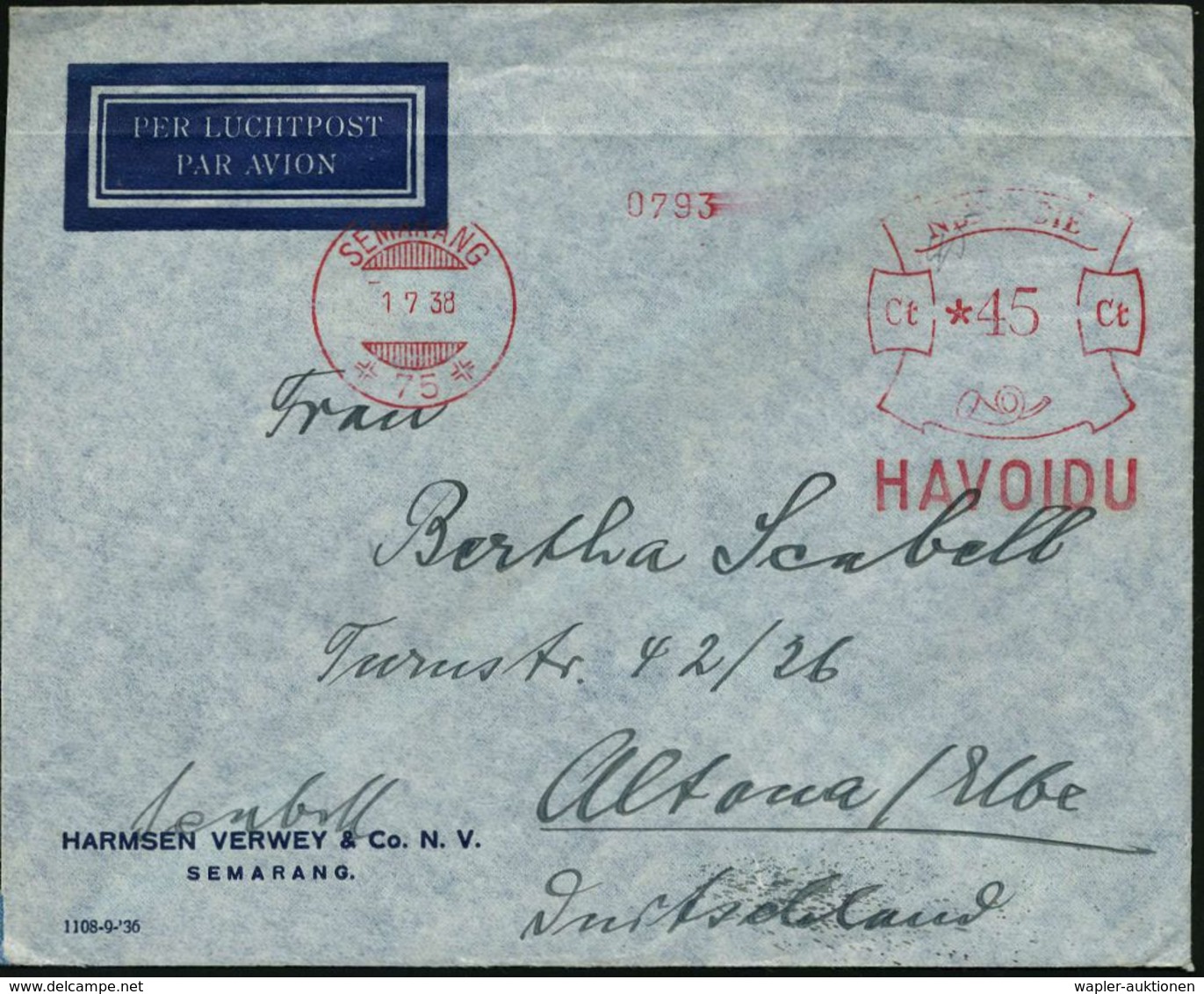 NIEDERL.INDIEN 1938 (1.7.) AFS: SEMARANG/HAVOIDU * 45 Ct. Auf Flp.-Firmen-Bf.: HARMSEN VERWEY & Co.., Rs. Color-Vign. I. - Sonstige (Luft)