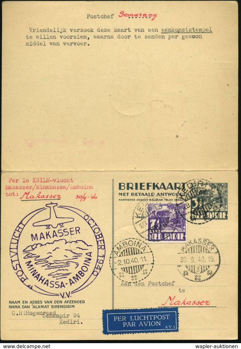 NIEDERL.INDIEN 1940 (30.9.) Erstflug (KNILM): Makasser - Minahssa - Amboina (vs. AS) Auf Antwort-P 3 1/2 C. + 3 1/2. Cen - Andere (Lucht)