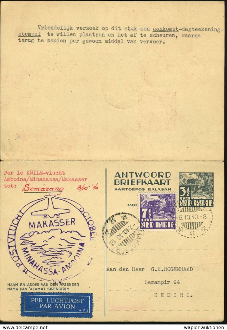 NIEDERL.INDIEN 1940 (30.9.) Erstflug (KNILM): Makasser - Minahssa - Amboina (vs. AS) Auf Antwort-P 3 1/2 C. + 3 1/2. Cen - Andere (Lucht)