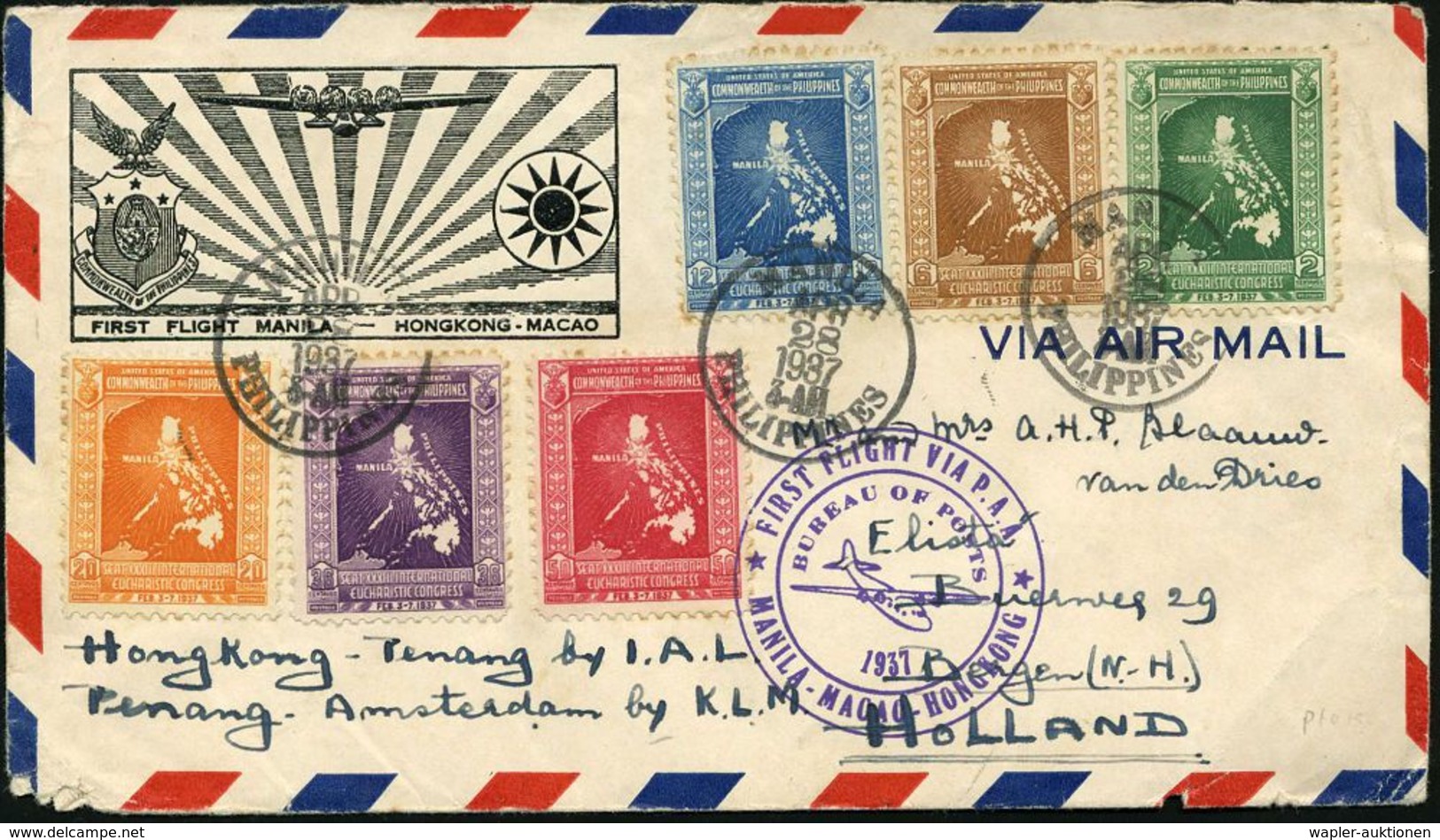 PHILIPPINEN 1937 (28.4.) Erstflug (P.A.A.): Manila - Macao - Hongkong (rs.AS) Kompl. Satz Eucharist. Weltkongreß (Mi. 40 - Altri (Aria)