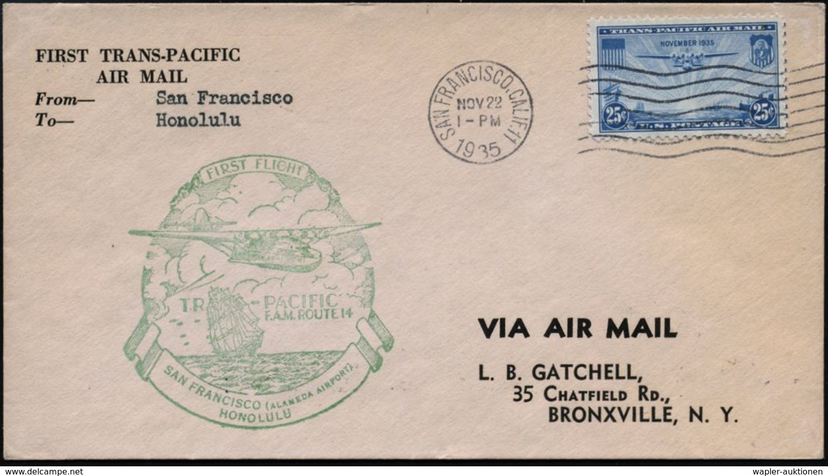 U.S.A. 1935 (22.11.) Erstflug (PAA) FAM 14: San Francisco - Honululu (AS) EF 25 C. Transpacific (Mi.380) + Grüner Flugbo - Andere (Lucht)