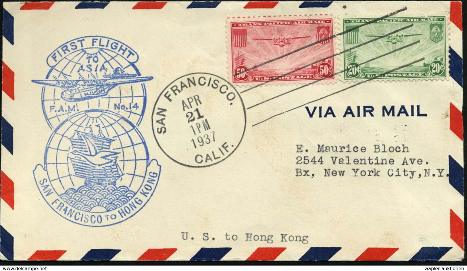 U.S.A. 1937 (21.4.) Erstflug (P.A.A.): San Francisco - Hongkong (rs.AS) 20 C. U. 50 C. Transpacific (Mi.400/01, 20 C. Kl - Andere (Lucht)