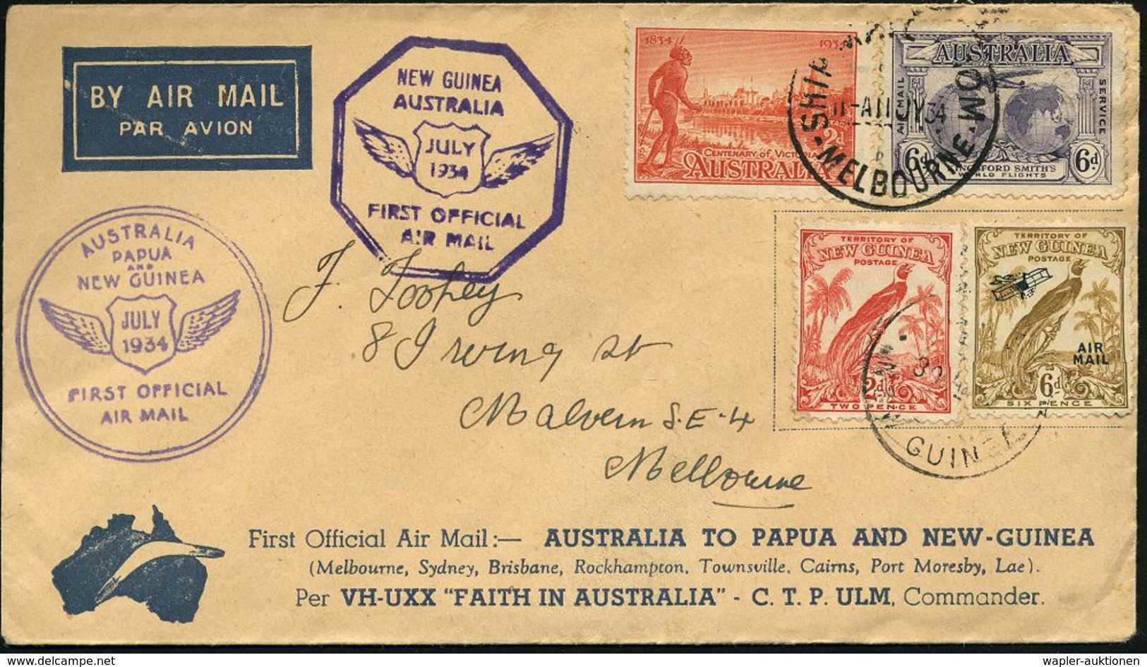AUSTRALIEN /  NEUGUINEA 1934 (24.11.) Erstflug "Faith In Australia": Melbourne - Lae (Neu Guinea) - Melbourne (vs./rs.2  - Andere (Lucht)
