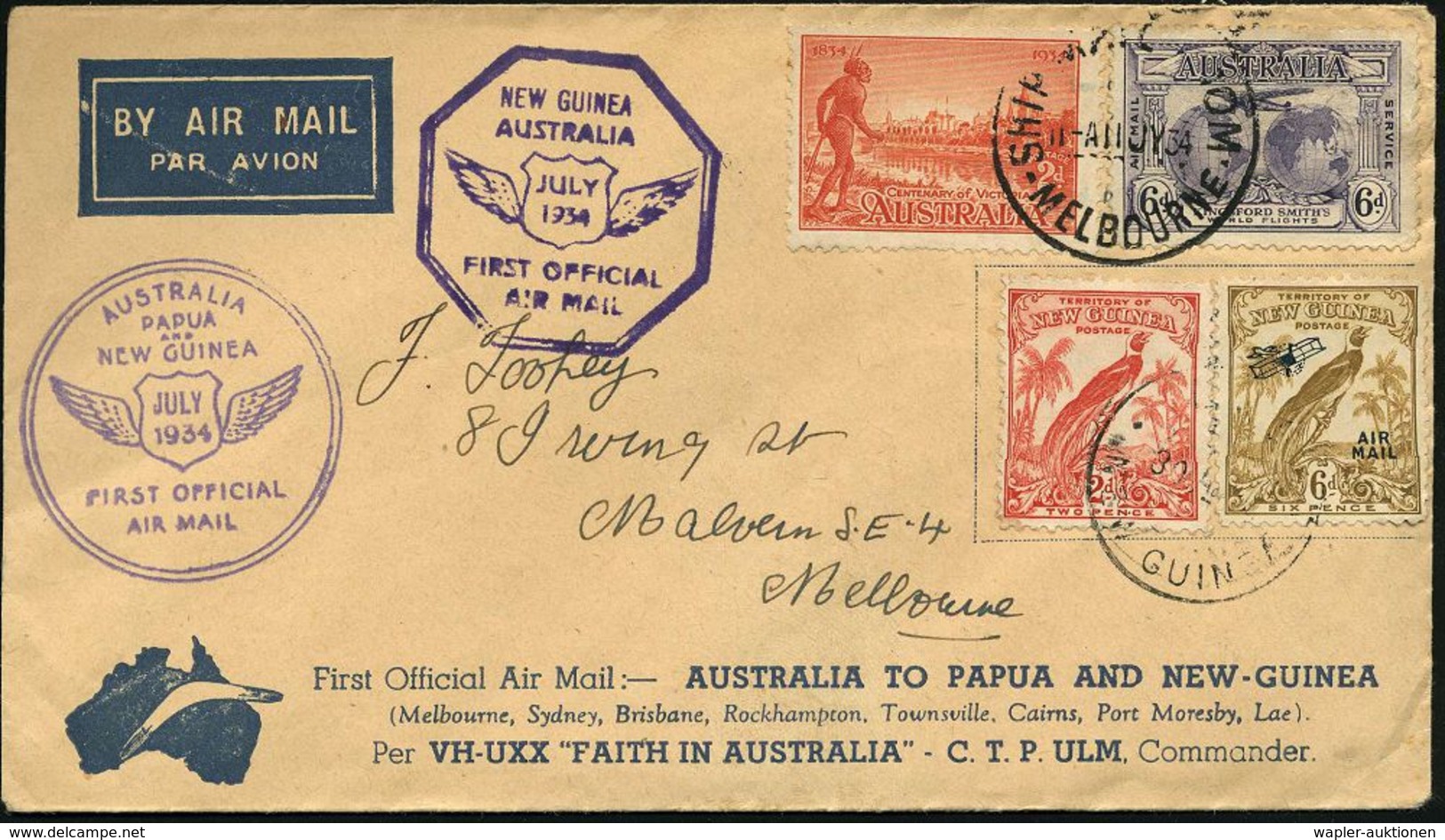 AUSTRALIEN /  NEUGUINEA 1934 (24.11.) Erstflug "Faith In Australia": Melbourne - Lae (Neu Guinea) - Melbourne (vs./rs.2  - Autres (Air)