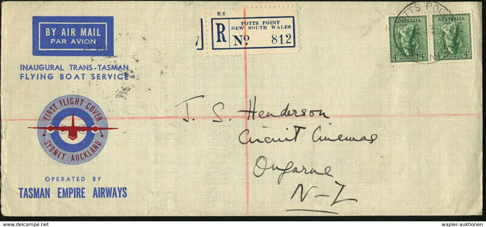 AUSTRALIEN 1940 (26.4.) Erstflug (TEA): Sidney - Auckland Mit Flugboot "Aotearoa" (rs. TS/ AS) Paar 4 P. Koala + RZ: POT - Andere (Lucht)