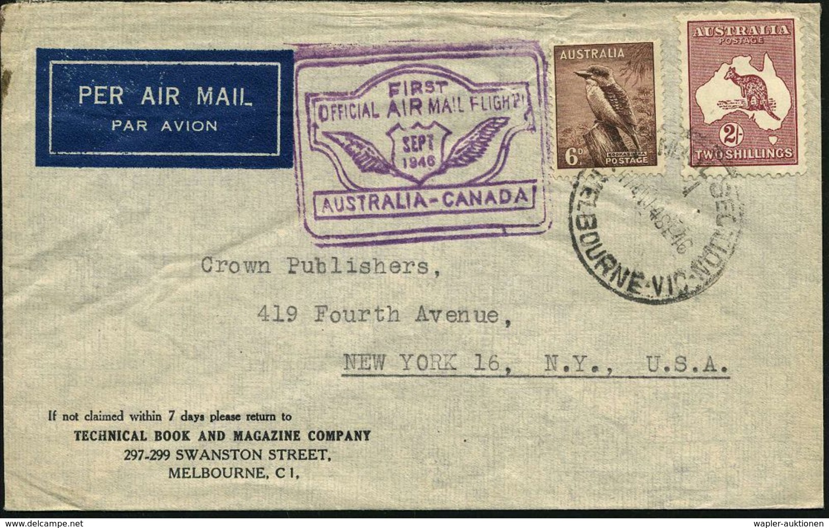 AUSTRALIEN 1946 (15.9.) Erstflug (B.C.P.A.): Australien - Canada, Etappe San Francisco , 1K: MELBOURNE + Viol. Flp.-HdN  - Andere (Lucht)