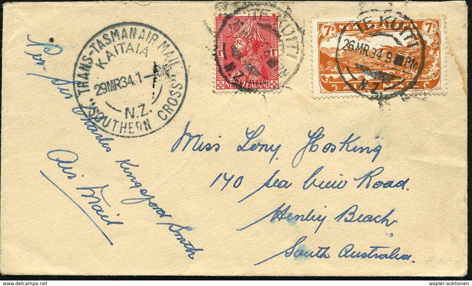 NEUSEELAND 1934 (29.3.) Erstflug: Kaitaia - Sidney, Rs. Ma.AS (kl. Randfleck) Seltene Frankatur Flp. 7 P. (Mi.183 U.a.)  - Otros (Aire)
