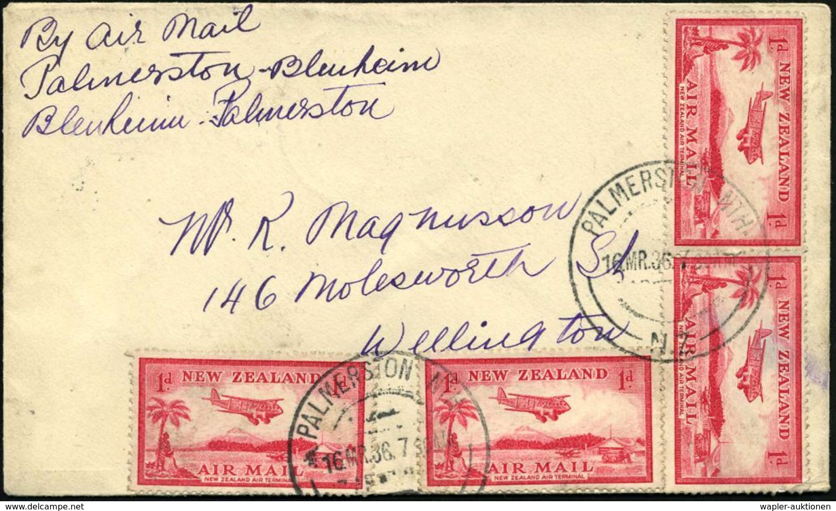 NEUSEELAND 1936 (16.3.) Erstflug: Palmerston - Blenheim - Palmerston, Etappe Blenheim (rs.AS) 4x 1 P. Flp. (Mi.203 MeF)  - Andere (Lucht)