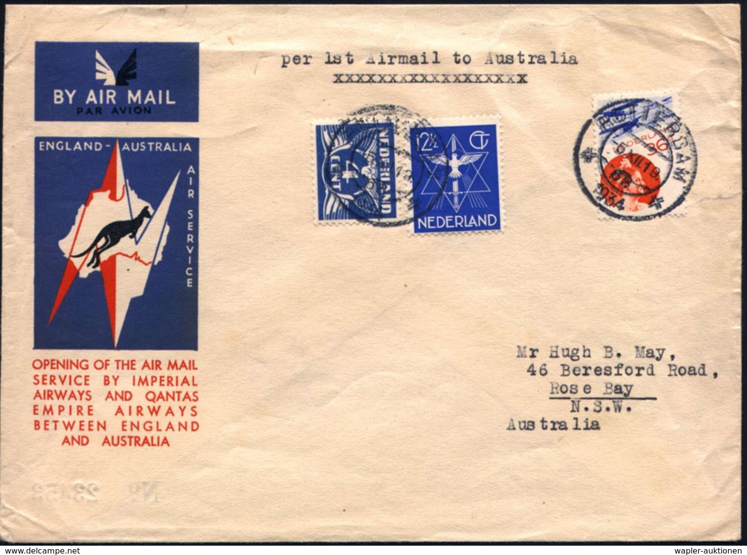 NIEDERLANDE 1934 (5.12.) Erstflug (IMPERIAL Airways): England - Australia, Zuleitung Rotterdam , Niederländ. Frankatur,  - Autres (Air)