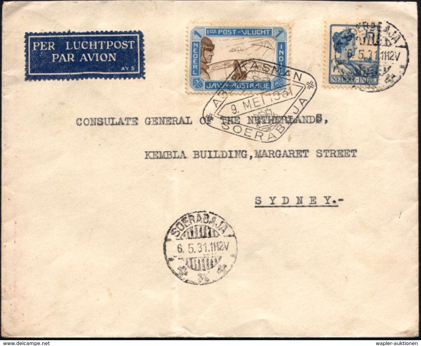NIEDERL.INDIEN 1931 (9.5.) Abel-Tasman-Sonderflug: Soerabaja - Sidney (AS) 1 Gld. "1.Postflug Australien" (Bf. Mittelfal - Andere (Lucht)