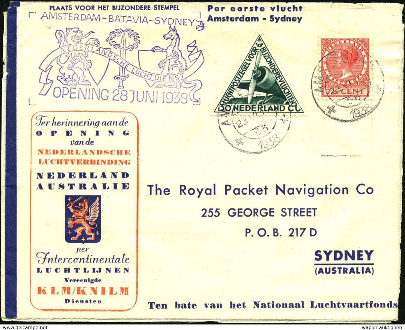 NIEDERLANDE /  AUSTRALIEN 1938 (23.7.) 1. Interkontinental-Flug (KLM): Amsterdam - Batavia - Sidney (Ma.AS) 30 C. Flp. ( - Andere (Lucht)