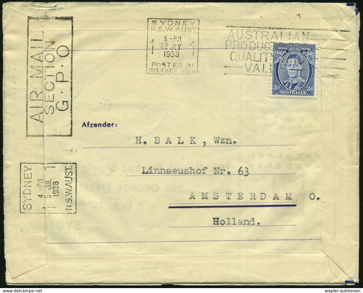 NIEDERLANDE /  AUSTRALIEN 1938 (23.7.) 1. Interkontinental-Flug (KLM): Amsterdam - Batavia - Sidney (Ma.AS) 30 C. Flp. ( - Andere (Lucht)