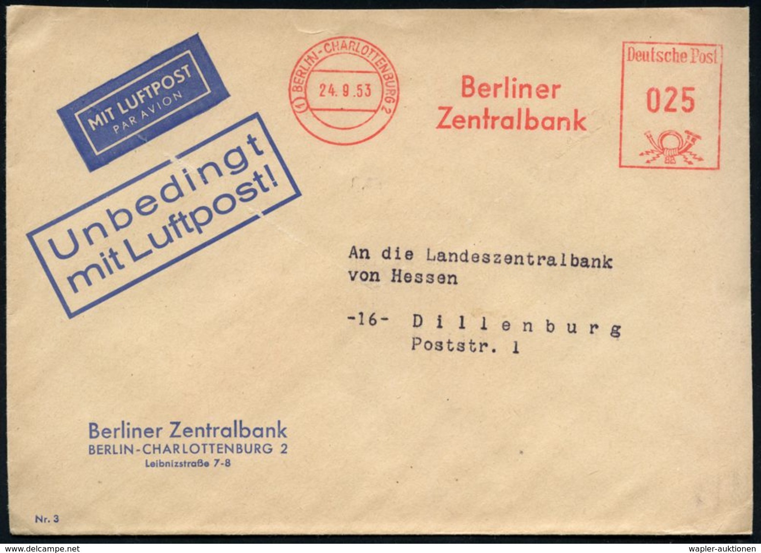 (1) BERLIN-CHARLOTTENBURG 2/ Berliner/ Zentralbank 1953 (24.9.) AFS 025 Pf. Auf Dienst-Bf.: Berliner Zentralbank Mit Vor - Sonstige (Luft)