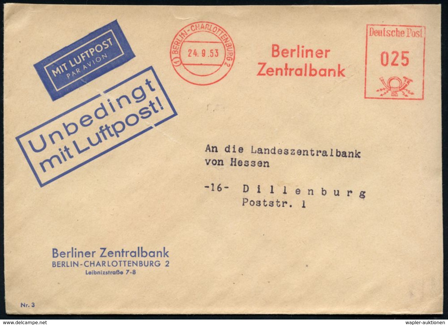 (1) BERLIN-CHARLOTTENBURG 2/ Berliner/ Zentralbank 1953 (24.9.) AFS 025 Pf. Auf Dienst-Bf.: Berliner Zentralbank Mit Vor - Altri (Aria)