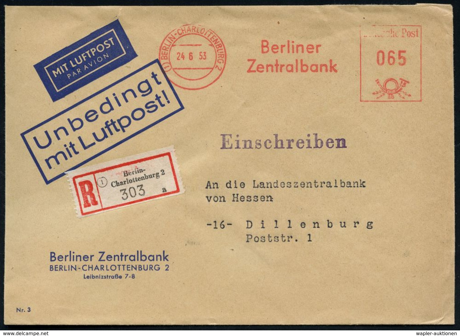 (1) BERLIN-CHARLOTTENBURG/ Berliner/ Zentralbank 1953 (24.6.) AFS 065 Pf. + RZ: (1) Berlin-/Charlottenburg 2/g , Luftpos - Altri (Aria)