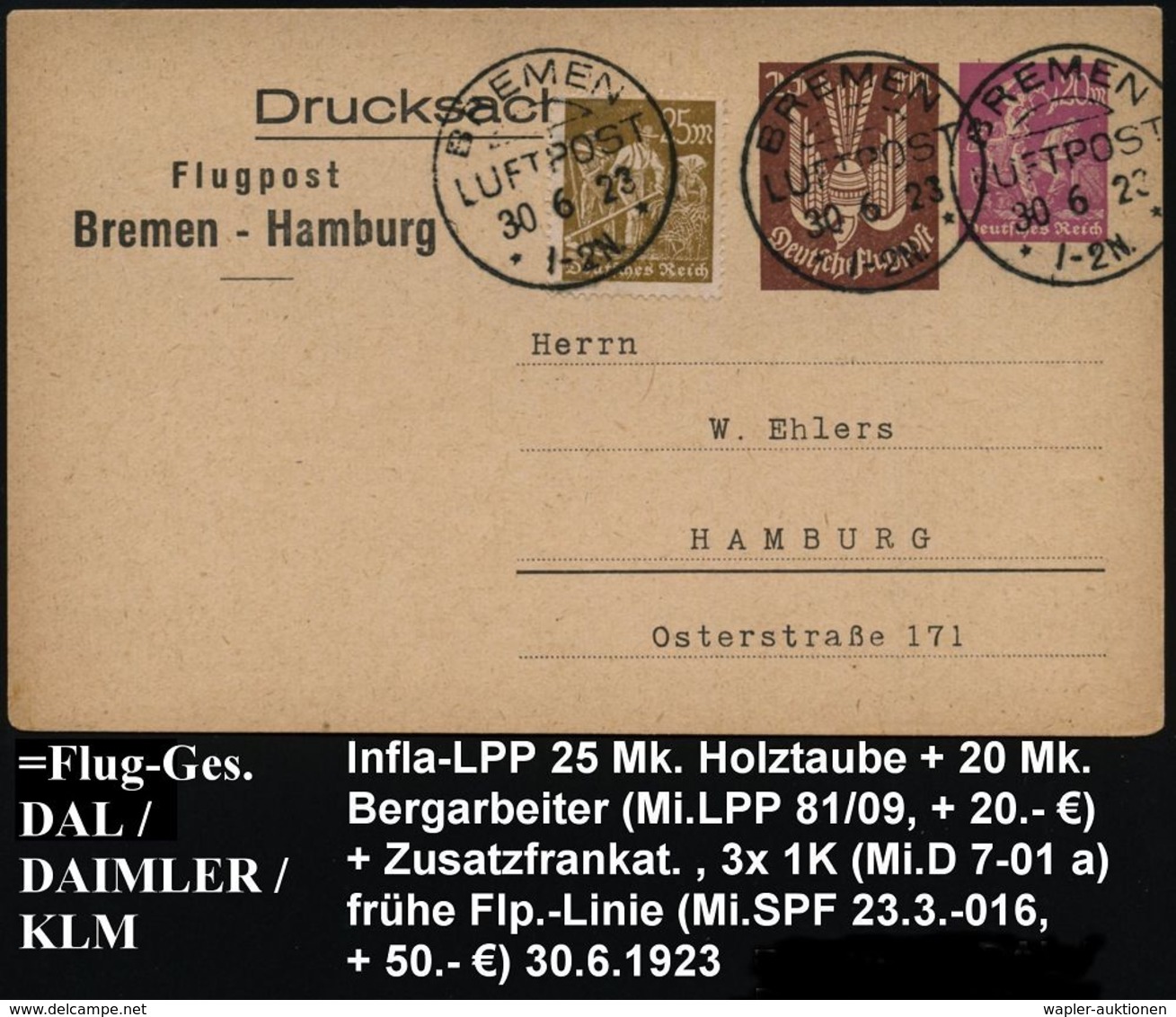 BREMEN/ LUFTPOST/ ** 1923 (30.6.) 1L-Segment (Mi.D 7-01 A) Auf PP 25 Pf. Taube + 20 Mk. Bergarbeiter: Flugpost Bremen -  - Autres (Air)