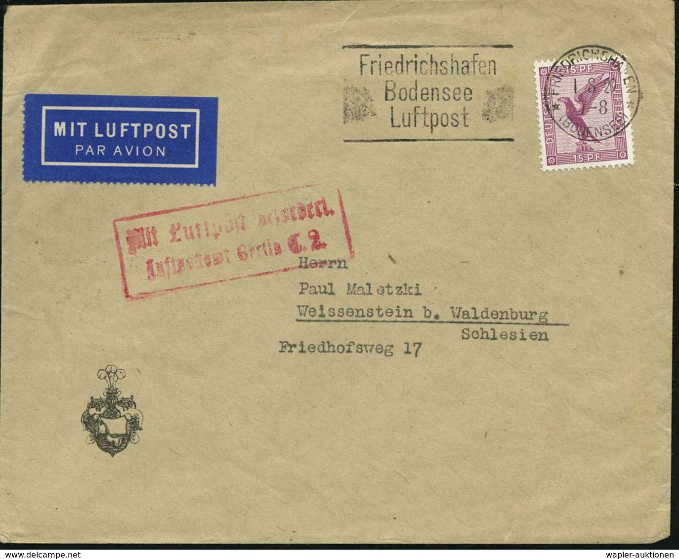 FRIEDRICHSHAFEN/ *(BODENSEE)*/ ..Luftpost 1929 (1.8.) MWSt Auf EF 15 Pf. Adler (Mi.A 379 EF) + Roter Ra.2: MLb/Luft-post - Altri (Aria)