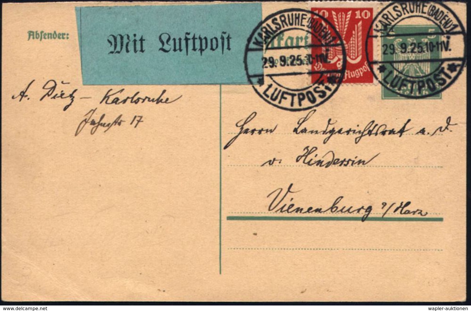 KARLSRUHE (BADEN)1/ *LUFTPOST* 1925 (29.9.) 1K-Brücke 2x Klar Auf Antwort-P. 5 Pf Adler (Mi.P 159 A, + 33.- EUR) + 10 Pf - Other (Air)