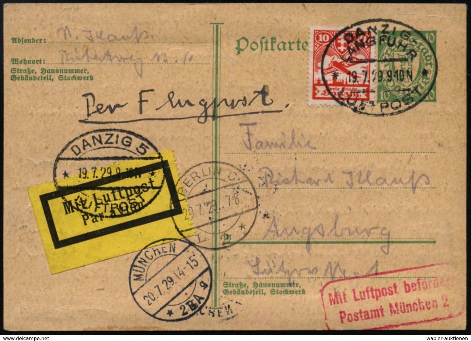 DANZIG 1929 (19.7.) OvalSt: DANZIG-/LANGFUHR/**/ LUFTPOST + Oval-Steg: DANZIG 5/ **/LUFTPOST (Mi.D 9-03, 07 + 22,50 EUR) - Altri (Aria)