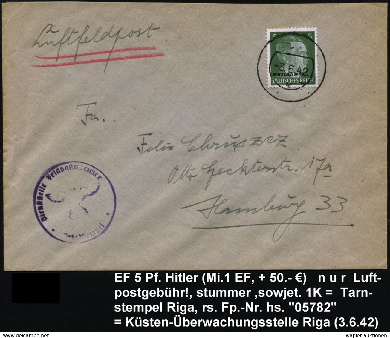 DT.BES.LETTLAND 1942 (3.6.) Stummer 1K-Segm. = Riga Auf EF 5 Pf. Hitler "Ostland" = Luftfeldpost Ohne Zulassungsmarke! ( - Sonstige (Luft)