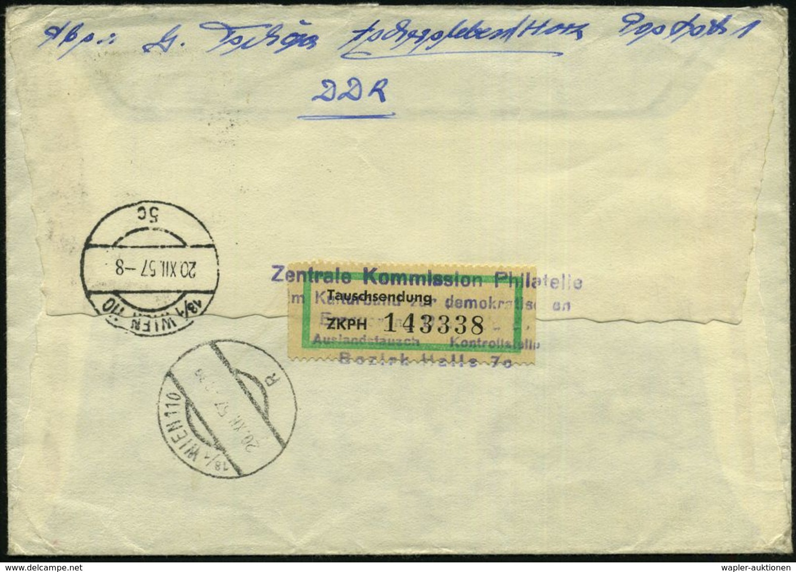 D.D.R. 1957 (11.12.) 3 Mk. Flp., EF , 2K + RZ: Aschersleben + Rs. Amtl., Grüne Auslands-Tauschmarke ZKPH , Seltener Ausl - Autres (Air)