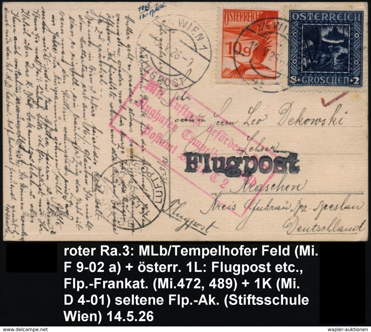 Berlin C 2 1926 (14.5.) Roter Ra.3: MLb/Flughafen Tempelhofer Feld/Postamt Berlin C 2 (Mi.F 9-02 A) + 1K: BERLIN C/ LUFT - Sonstige (Luft)