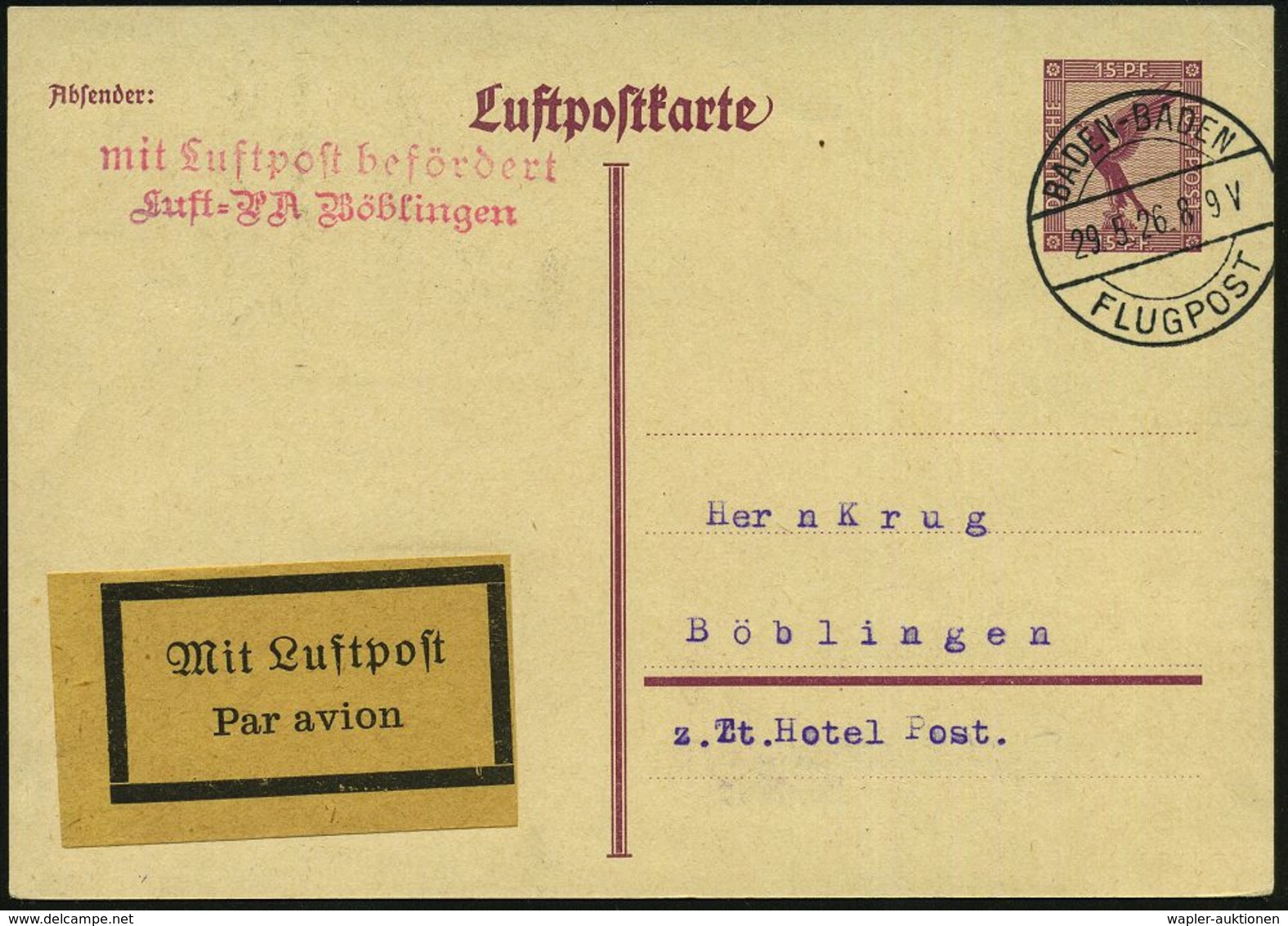 Böblingen 1926 (29.5.) Roter 2L: Mit Luftpost Befördert/Luft-P A Böblingen (Mi.F 10-01 A, + 22.-EUR) Inl.-LP 15 Pf. Adle - Altri (Aria)