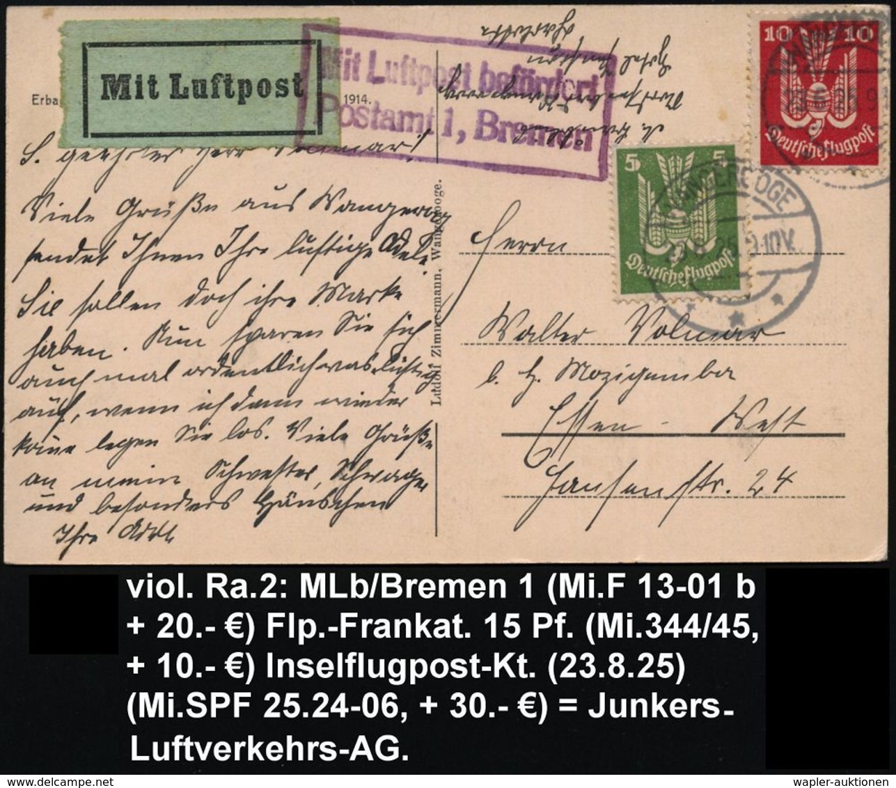 Bremen 1925 (23.6.) Viol. Ra.2: MLb/ Postamt 1, Bremen (Mi.F 13-01 B,+ 20.- EUR) Frankatur Taube 5 Pf. U. 10 Pf., 1K-Ste - Autres (Air)