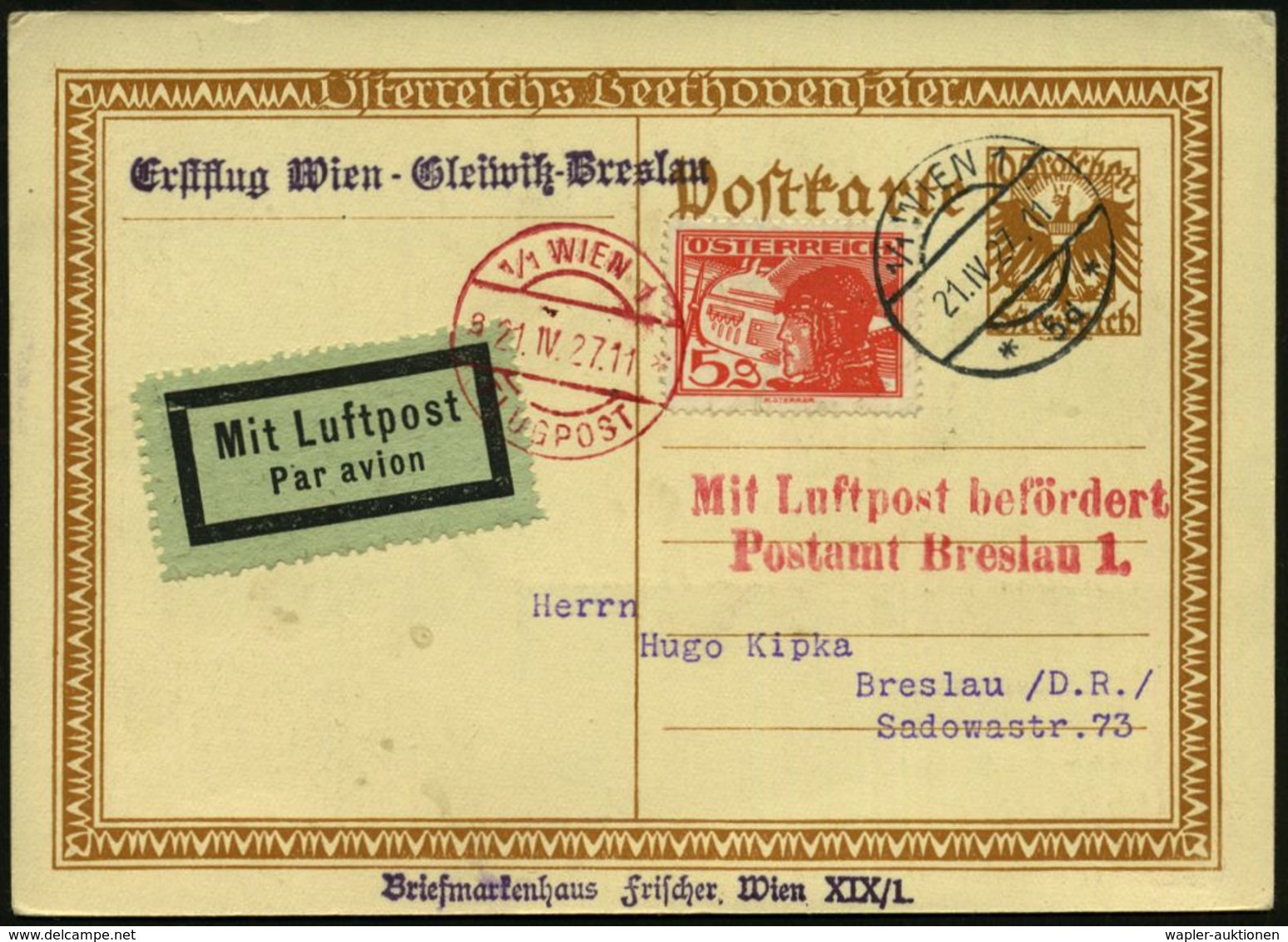 Breslau 1 1927 (21.4.) Roter 2L: Mit Luftpost Befördert/Postamt Breslau 1. (Mi.F 9-01, 30.- EUR) Auf Östwerreich, Sonder - Sonstige (Luft)