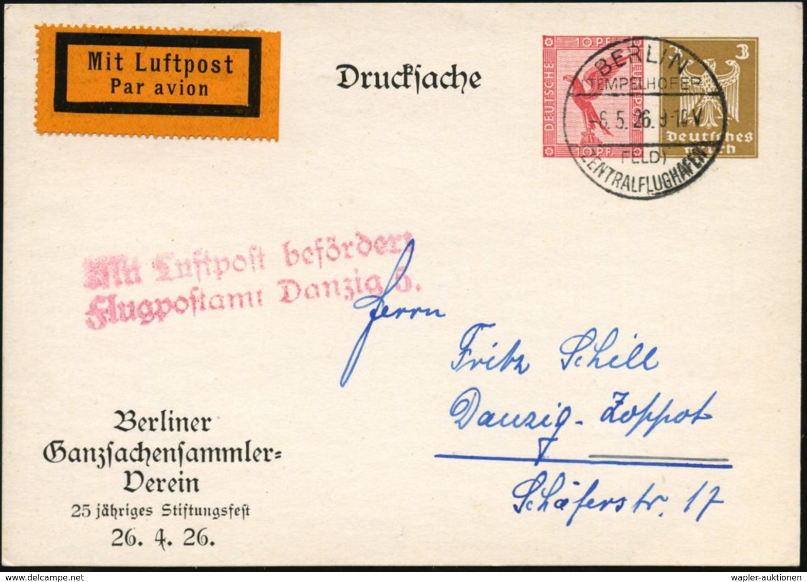 Danzig 1926 (6.5.) Roter 2L: MLb/Flugpostamt Danzig 5. (Mi.F 21-01 A, + 32.-EUR) PP 10 Steinadler Rot + 3 Pf. Reichsadle - Altri (Aria)