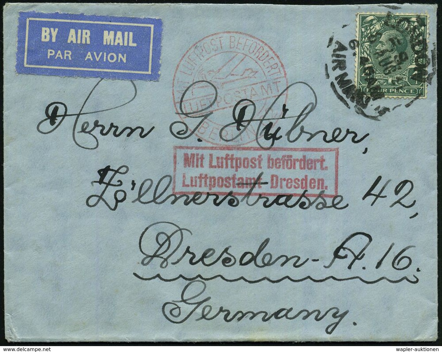 Dresden 1931 (8.8.) Großbrit. 4 P. George V., EF , Schw. 1K: LONDON/AIR MAIL + Roter Ra.2: MLb/Luftpostamt Dresden (Mi.F - Altri (Aria)