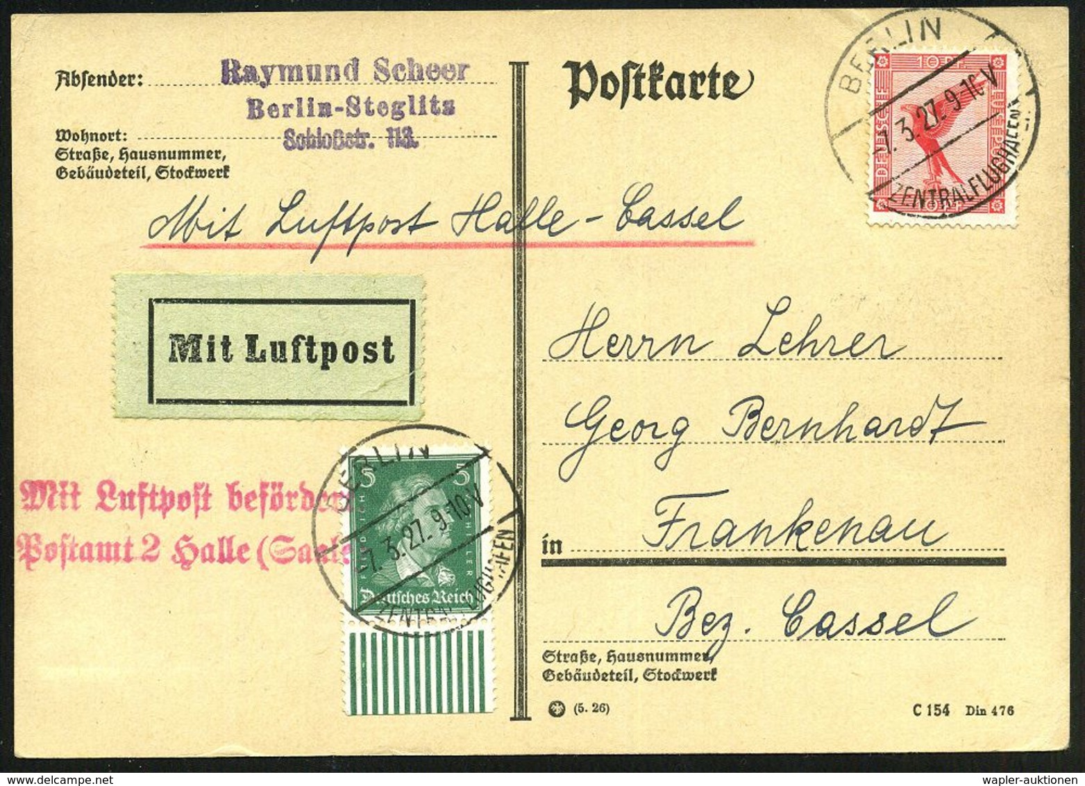 Halle/ Saale 1927 (7.3.) Roter 2L: MLb/Postamt 2 Halle (Saale) (Mi.F 49-01, + 15.-EUR) Flp. 10 Pf. Adler (Mi.379 U.a.) 2 - Altri (Aria)