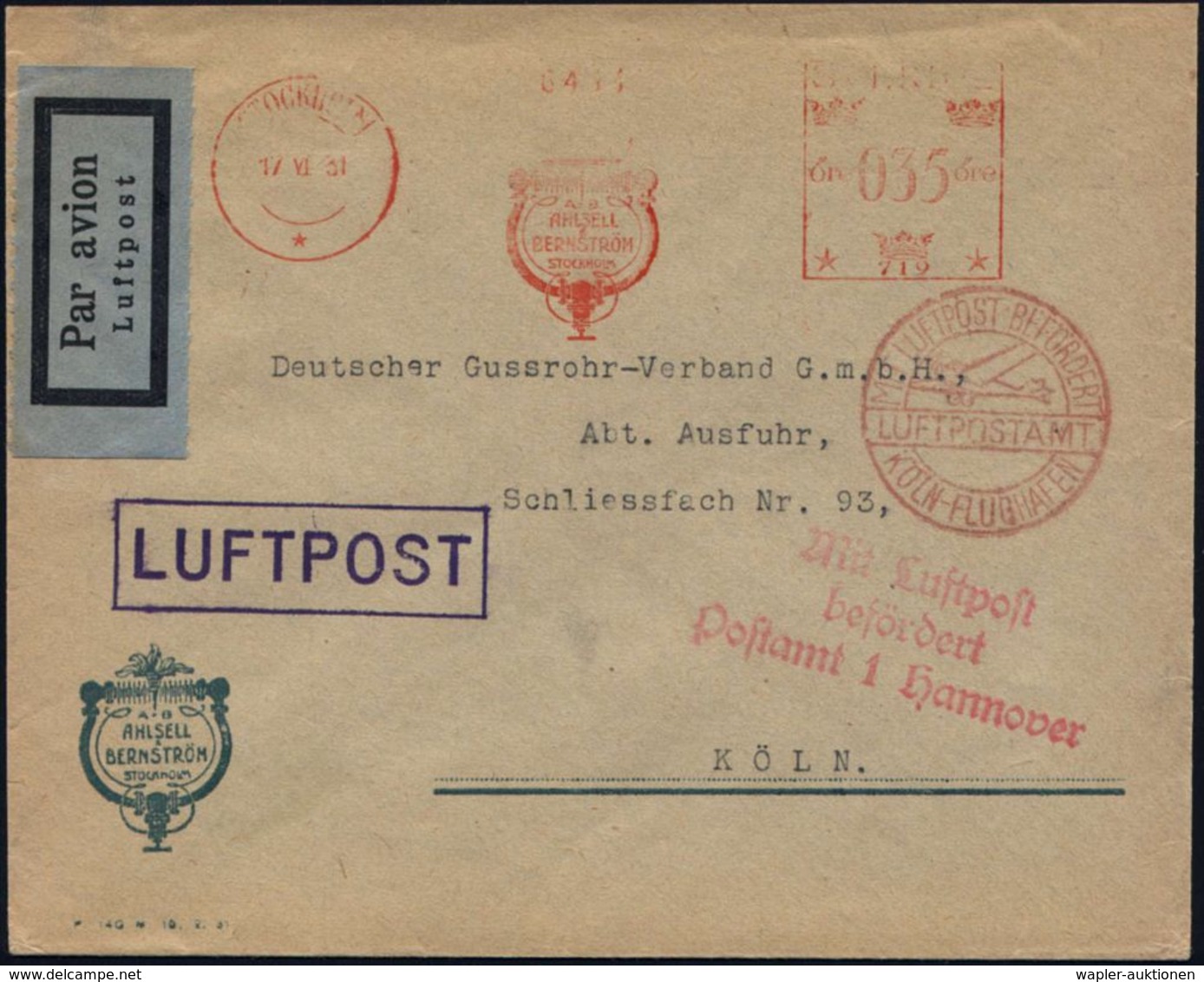 Köln-Flughafen 1931 (17.6.) Roter 1K-Steg: MLB/LUFTPOSTAMT/KÖLN-FLUGHAFEN (Mi.F 63-07, + 18.- EUR) + Roter Transit-3L: M - Sonstige (Luft)