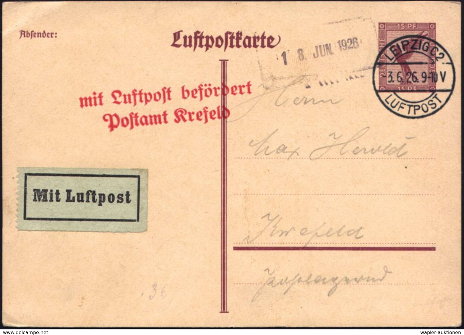 Krefeld 1926 (3.6.) Roter 2L: Mit Luftpost Befördert/ Postamt Krefeld (Mi.F 66-01, + 22.- EUR) Inl.-Flp.-P 15 Pf. Adler, - Altri (Aria)