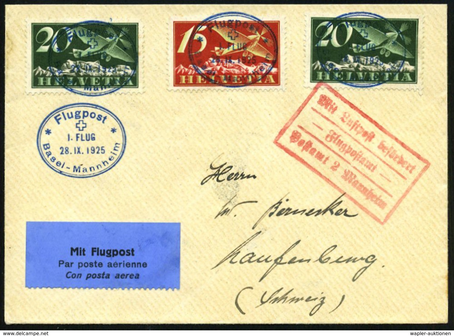 Mannheim 1925 (28.9.) Roter Ra3: MLb/Flugpostamt/ Postamt 2 Mannheim (Mi.F 72-02 A,+ 20.- EUR) + Blauer Oval-SSt: Flugpo - Altri (Aria)