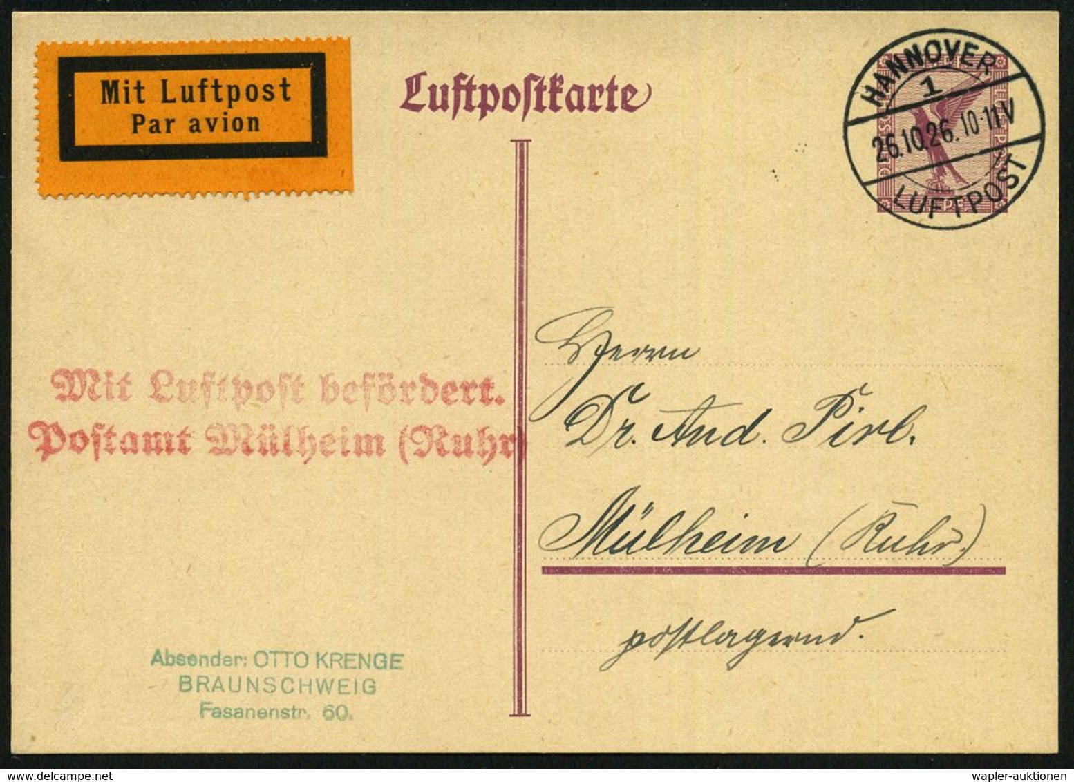 Mülheim/ Ruhr 1926 (26.10.) Roter 2L: MLb./Postamt Mülheim (Ruhr) (Mi.F 76-01 A, +20.- EUR) Flp.-P 15 Pf. Adler, 1K-Steg - Sonstige (Luft)