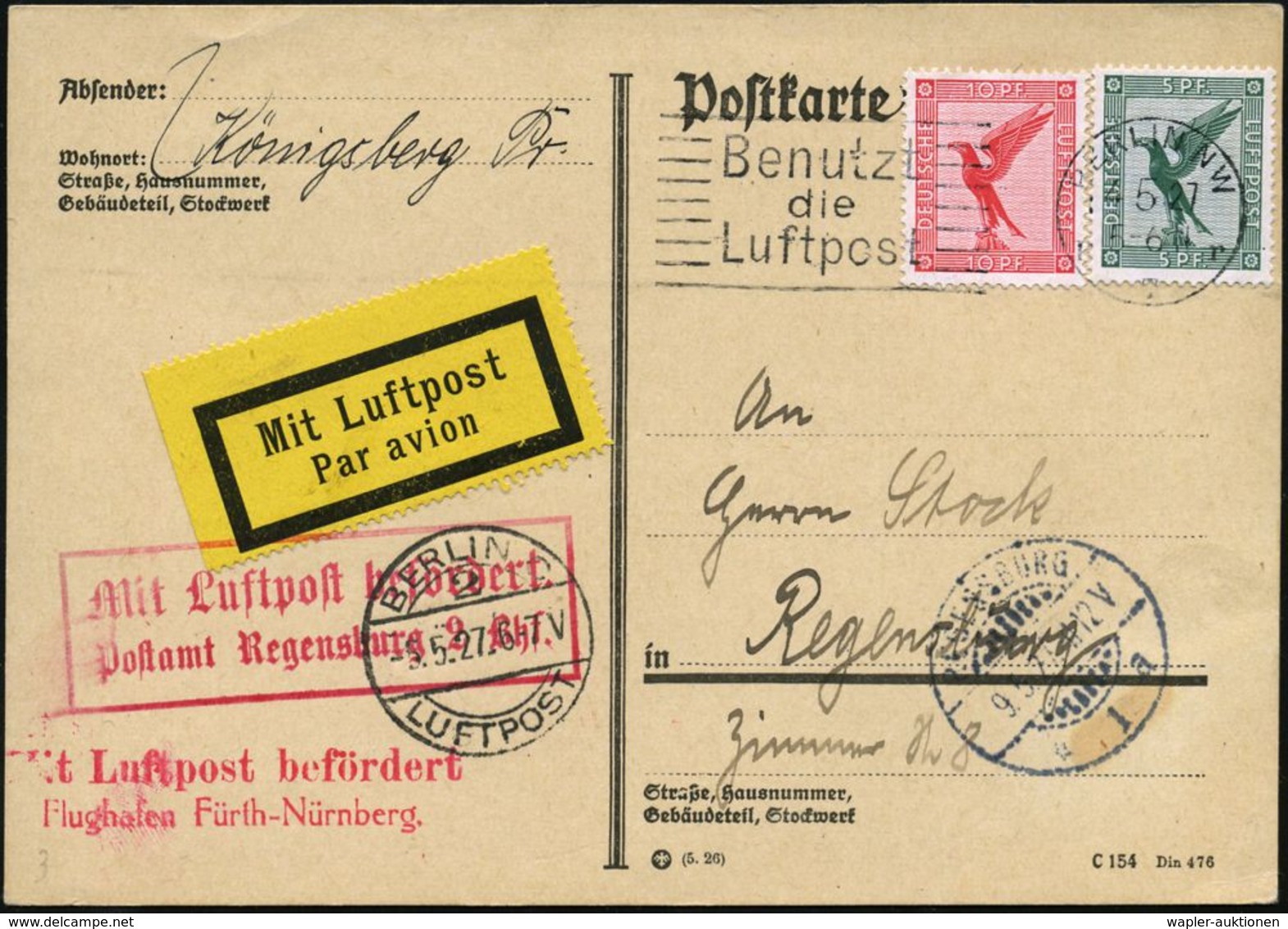 Regensburg 2 1927 (4.5.) MWSt.: BERLIN NW/7/ Benutzt/die/ Luftpost + Roter Ra.2: MLb/Postamt Regensburg 2 Bhf. (Mi.F 86- - Autres (Air)