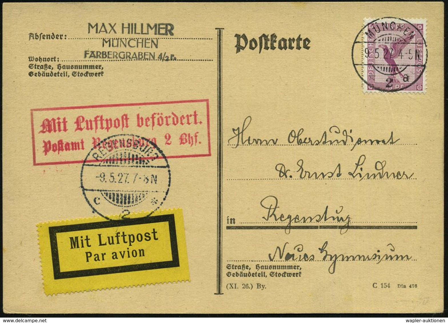 Regensburg 1927 (9.5.) Roter Ra.2: MLb/Postamt Regensburg 2 Bhf. (Mi.F 86-01 A, + 22.-EUR) + 1K-Gitter: REGENSBURG/c 2 * - Altri (Aria)