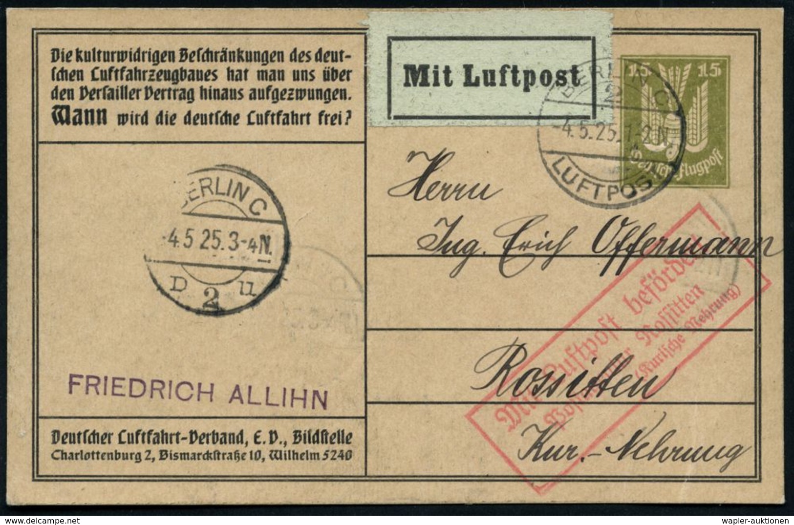 Rossitten (Kurische Nehrung) 1925 (4.5.) Roter Ra3.: MLb/ Postamt Rossitten/ (Kurische Nehrung) (Mi.F-88-01, + 42.- EUR) - Altri (Aria)