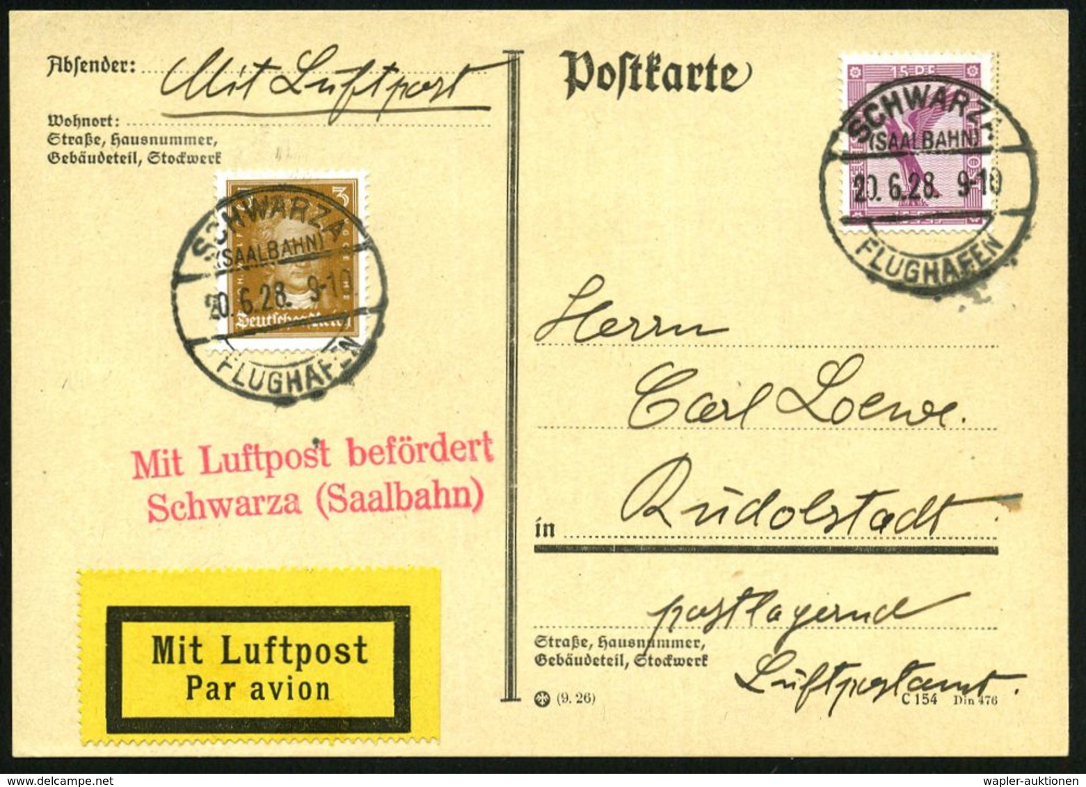 SCHWARZA/ (SAALBAHN)/ FLUGHAFEN 1928 (20.6.) 1K-Brücke (Mi.A-55, + 10.-EUR) Auf Flp. 15 Pf. Adler Etc. + Roter 2L: MLb/  - Sonstige (Luft)