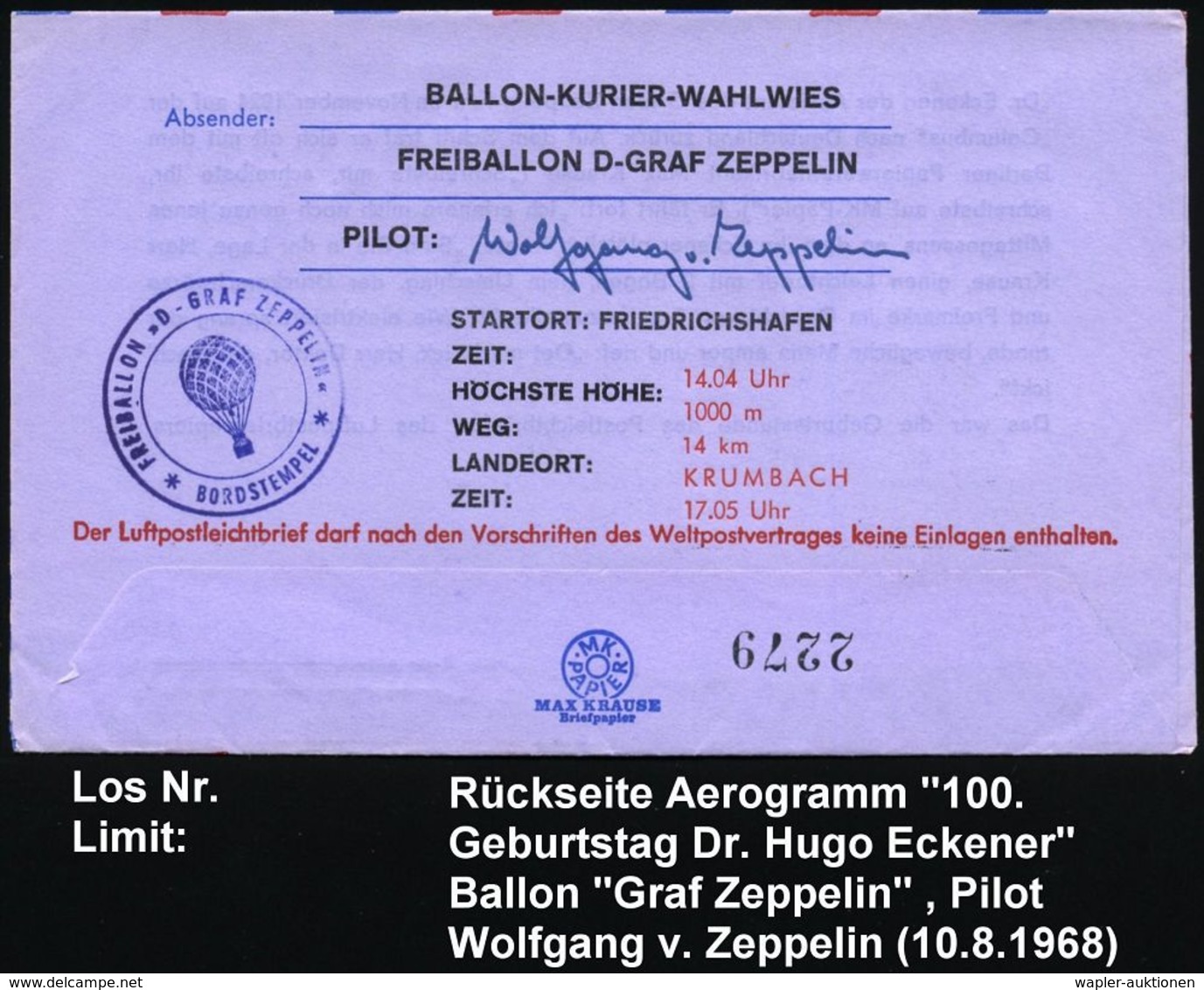 799 FRIEDRICHSHAFEN 1/ 100./ Geburts-/ Tag/ Dr.Hugo Eckener 1968 (10.8.) SSt = Brustbild Eckener , EF 70 Pf. TU Berlin ( - Andere (Lucht)