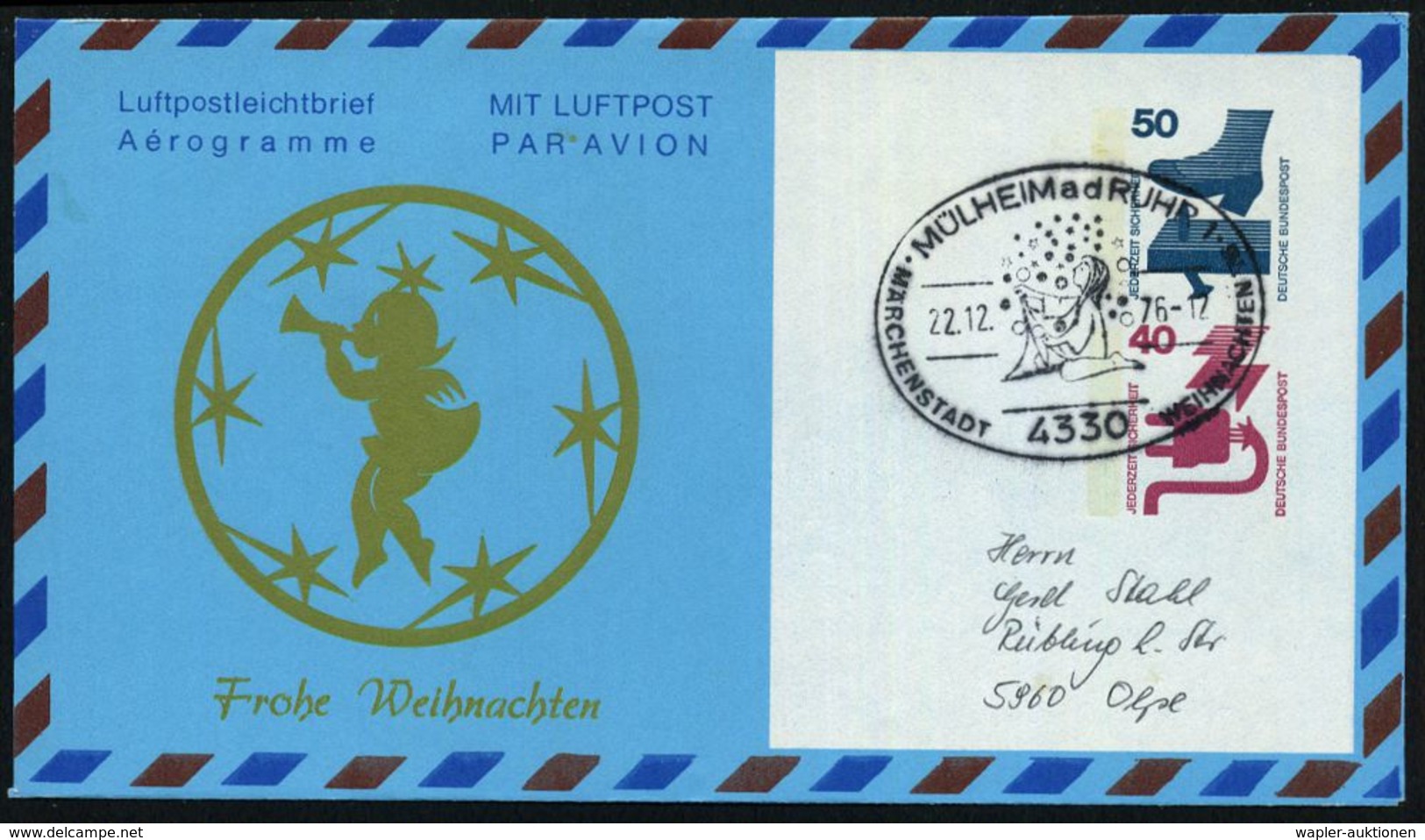 4330 MÜLHEIM A D RUHR 1/ MÄRCHENSTADT WEIHNACHTEN 1976 (22.12.) SSt = Sternthaler Auf Privat-Aerogramm: Frohe Weihnachte - Altri (Aria)