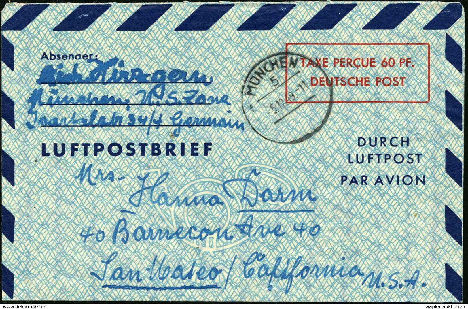 MÜNCHEN/ 5/ F 1949 (5.12.) Aptierter HWSt = "HAUPTSTADT DER BEWEGUNG" Entfernt (Bo.73 Apt.) Auf Aerogramm 60 Pf. "Deutsc - Altri (Aria)