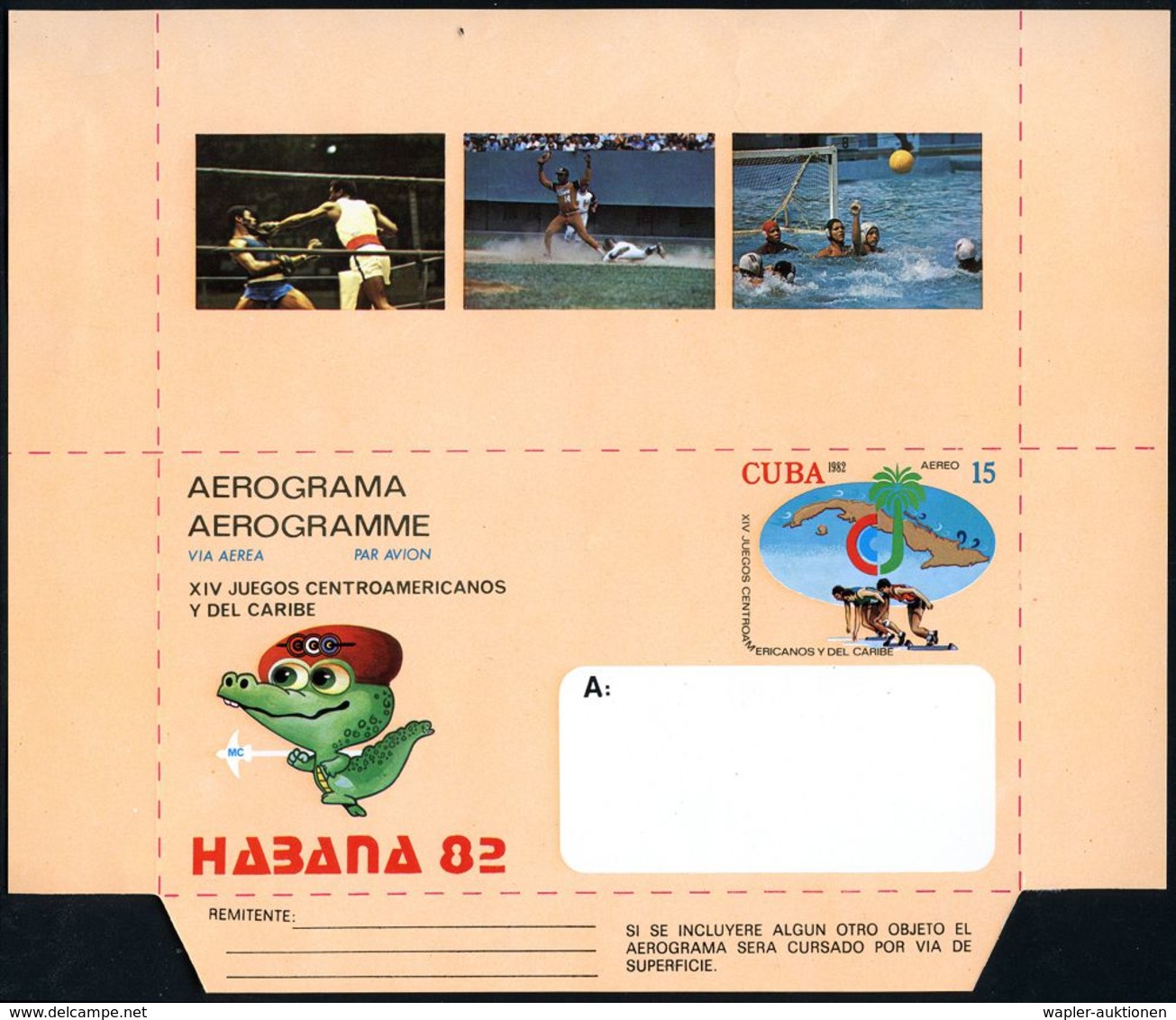 CUBA 1982 Sonder-Aerogramm 15 C. "XIV. Zentralamerikanische Jugendsportfestival" = Boxen, Baseball, Wasserball (Krokodil - Altri (Aria)